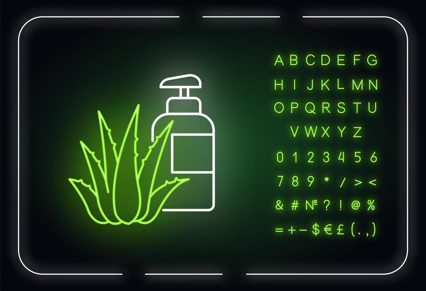 icono de luz de neón de loción de hierbas. crema a base de plantas. gel natural. producto de baño. extracto de aloe vera. efecto brillante exterior. firmar con alfabeto, números y símbolos. vector aislado ilustración de color rgb