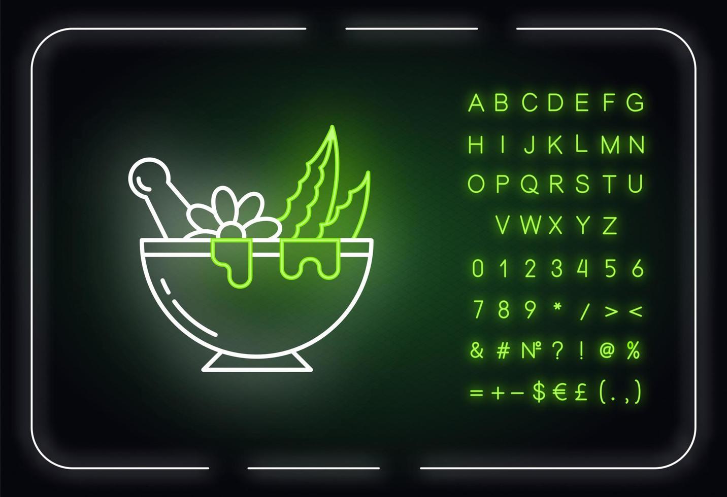 Mortar with pestle neon light icon. Graining leaves for liquid. Aloe vera sprouts. Plants in bowl. Outer glowing effect. Sign with alphabet, numbers and symbols. Vector isolated RGB color illustration