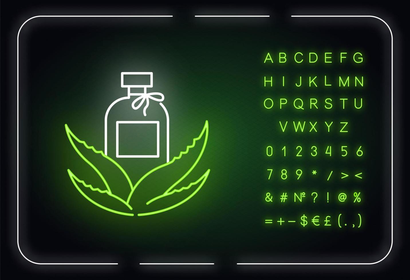 Organic lotion neon light icon. Natural cream with aloe vera extract. Plant based cosmetic. Outer glowing effect. Sign with alphabet, numbers and symbols. Vector isolated RGB color illustration