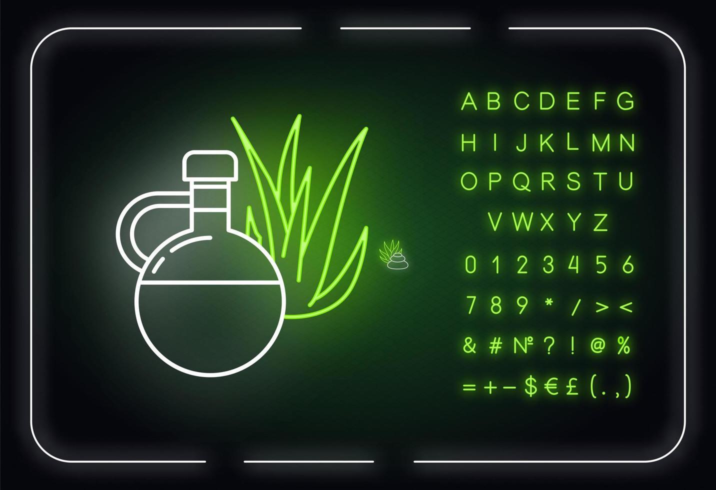 icono de luz de neón de aceite. cuidado de la piel a base de plantas. jugo de aloe vera en botella de vidrio. cuidado de la piel natural. efecto brillante exterior. firmar con alfabeto, números y símbolos. vector aislado ilustración de color rgb