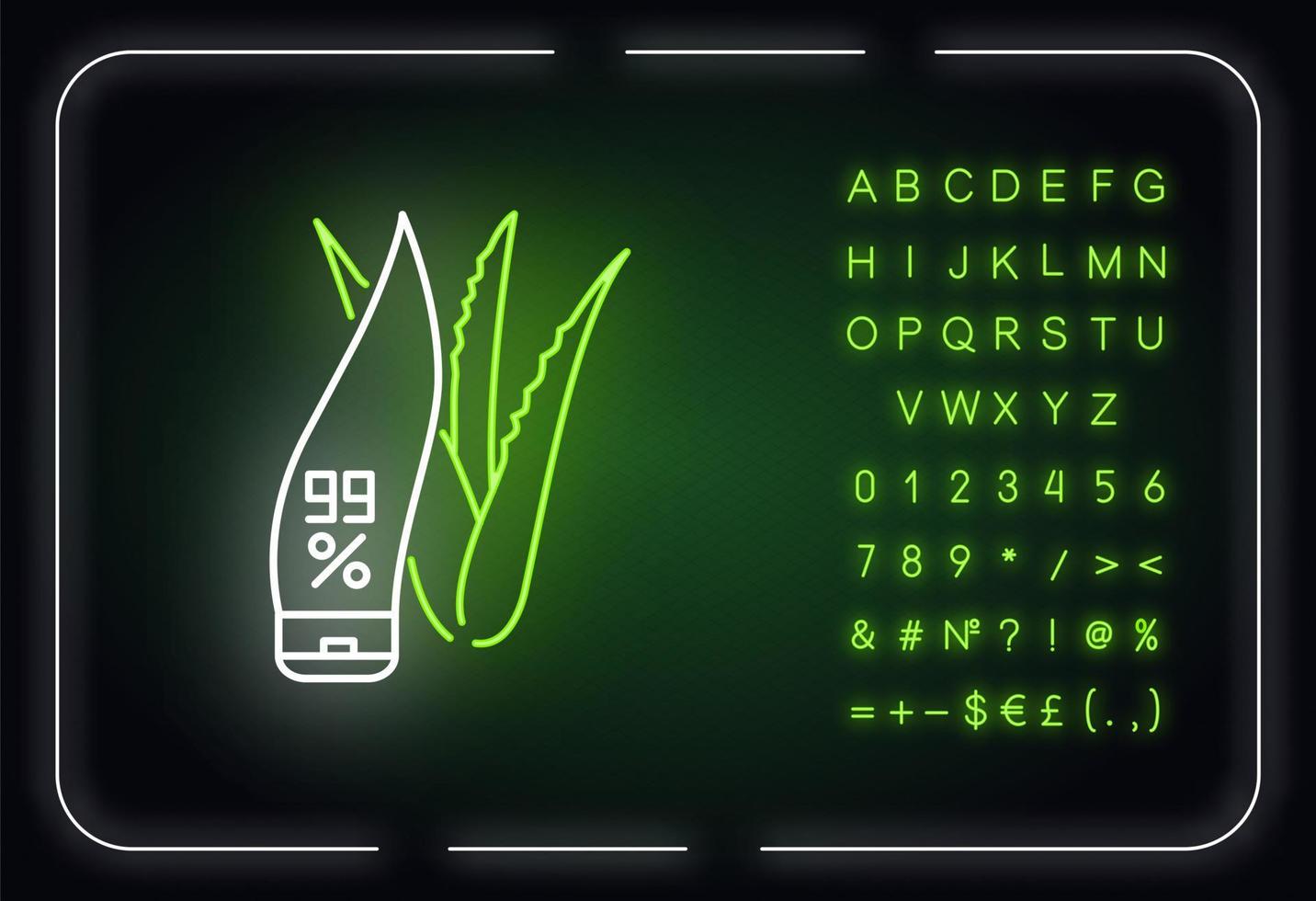 Pure organic cream neon light icon. Lotion in tube with aloe vera. Cosmetic with medicinal herbs. Outer glowing effect. Sign with alphabet, numbers and symbols. Vector isolated RGB color illustration