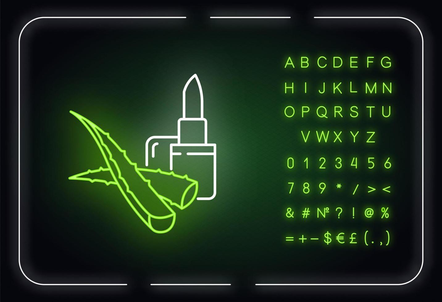 Vegan lip balm neon light icon. Organic lipcare with aloe vera. Cosmetic product. Outer glowing effect. Sign with alphabet, numbers and symbols. Vector isolated RGB color illustration