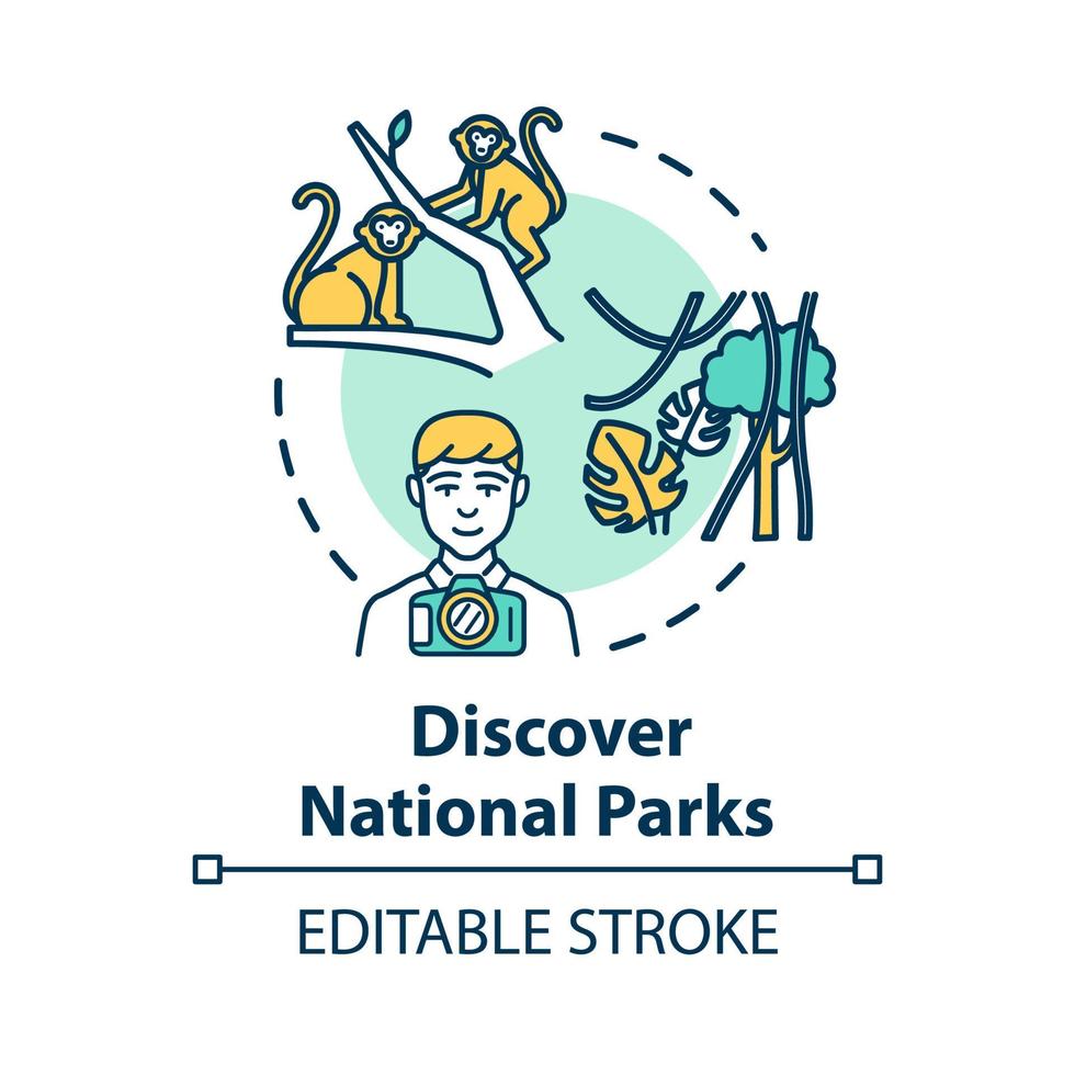 Discover national parks concept icon. Wildlife reserve visit, tourist activity idea thin line illustration. Natural landmark exploration. Vector isolated outline RGB color drawing. Editable stroke