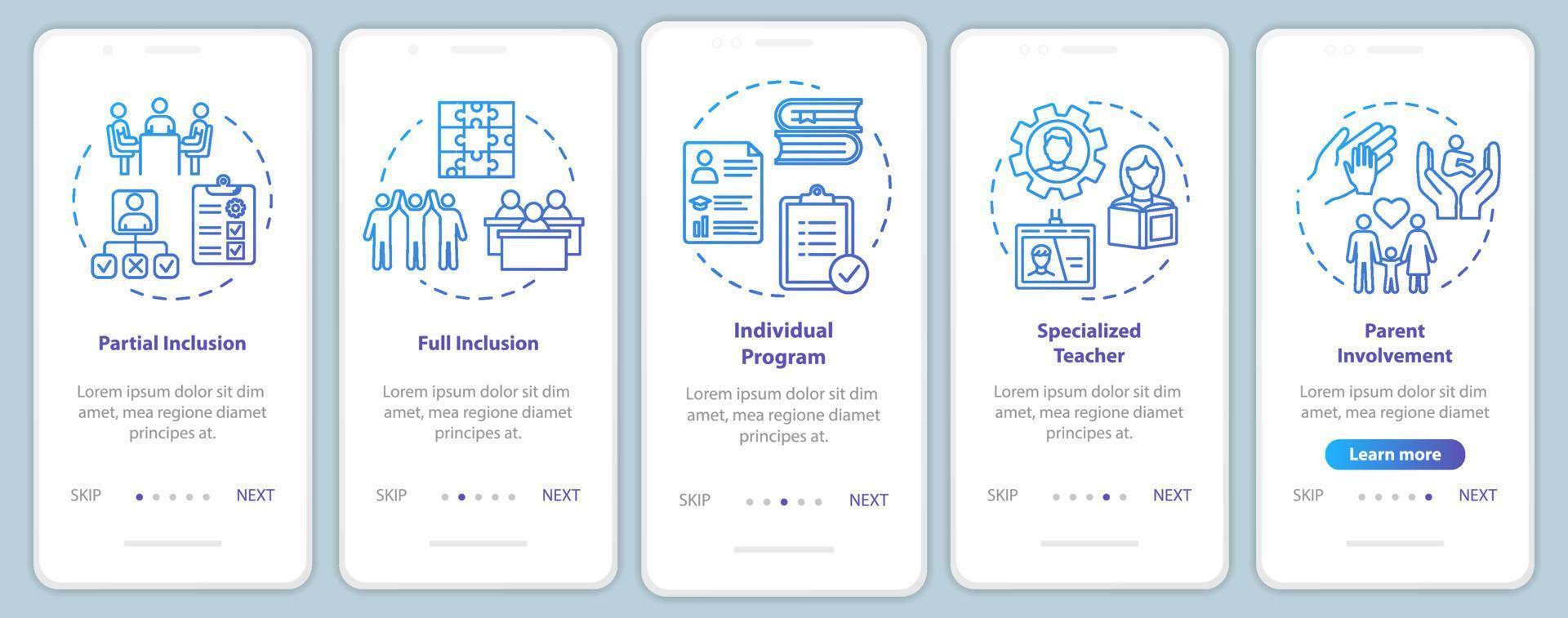 Inclusive education onboarding mobile app page screen with concepts. Educational assistance for disabled walkthrough five steps graphic instructions. UI vector template with RGB color illustrations