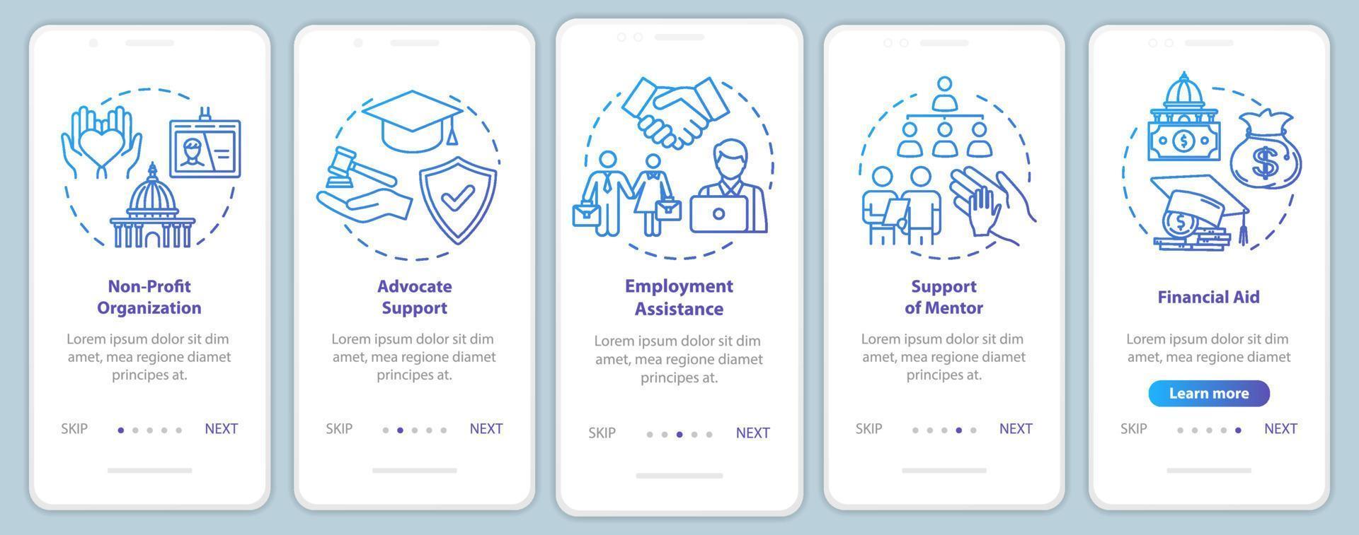 Inclusive society onboarding mobile app page screen with concepts. Social and financial support walkthrough five steps graphic instructions. UI vector template with RGB color illustrations