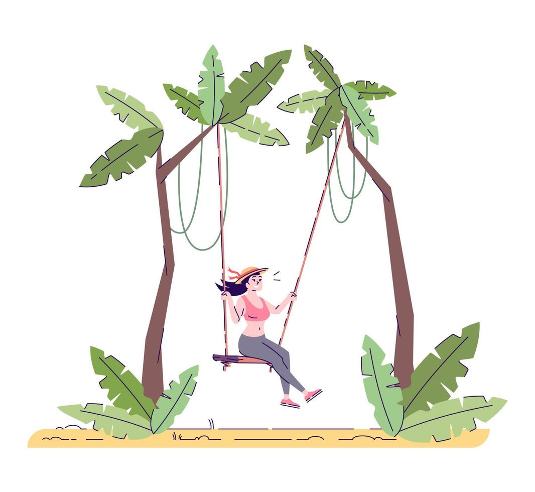 Female tourist on swing flat doodle illustration. Girl having fun in tropical forest. Woman swinging in exotic country. Indonesia tourism 2D cartoon character with outline for commercial use vector