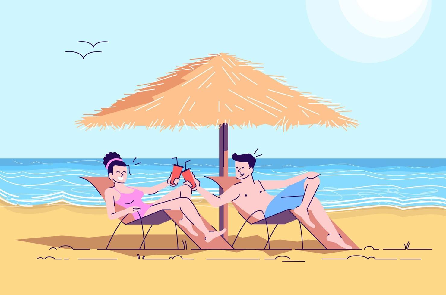 pareja en la playa ilustración plana del doodle. hombre y mujer en tumbonas tomando bebidas. paisaje costero. vacaciones de verano. indonesia turismo 2d personaje de dibujos animados con contorno para uso comercial vector