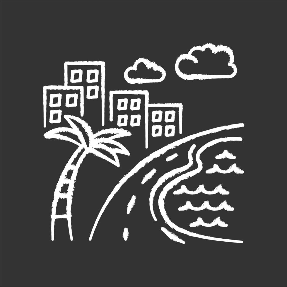 Icono de tiza blanca de la playa del océano de Brasil sobre fondo negro. rascacielos y estanque. edificios. camino a lo largo de la costa con palmeras. san paulo. Rio de Janeiro. ilustración de pizarra de vector aislado