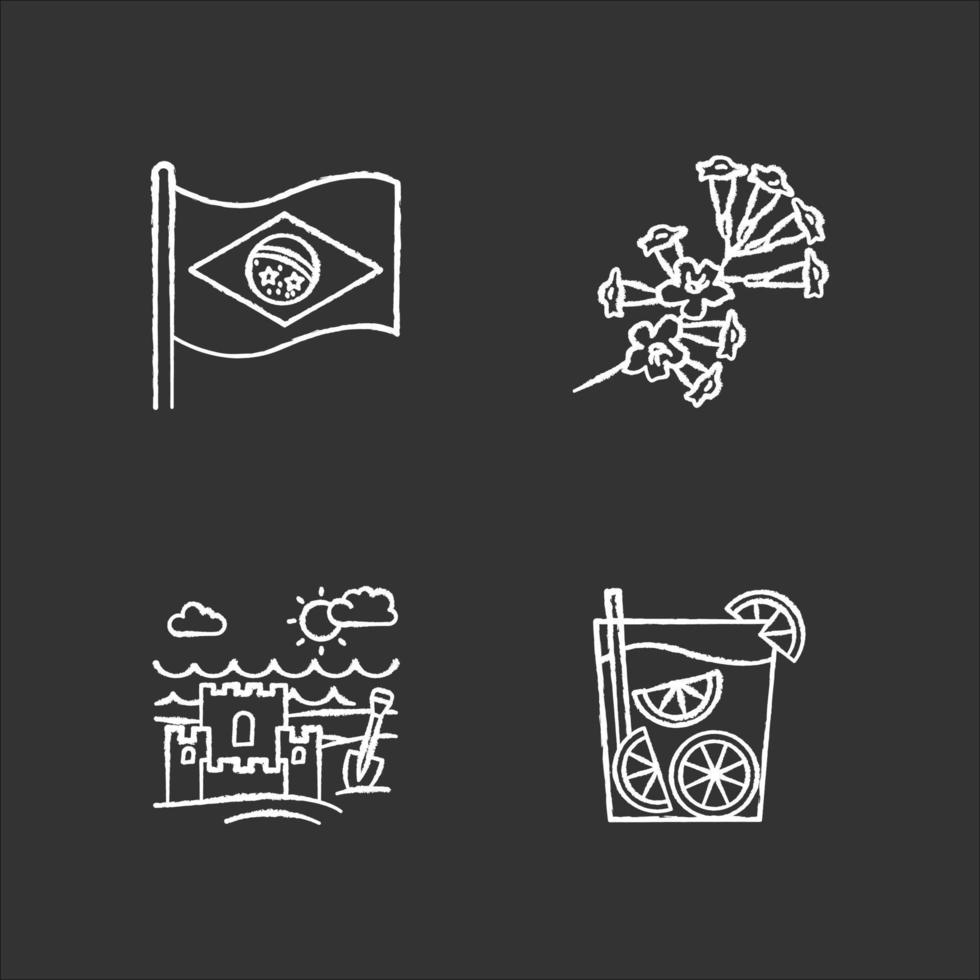 Brazil chalk white icons set on black background. National flag. Plumeria. Caipirinha. Sand castle on the coast. Ip tree. Traditional cocktail. Ocean beach. Isolated vector chalkboard illustrations