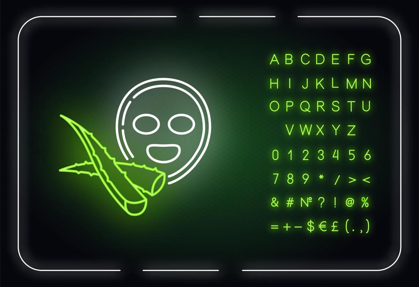 Facial mask neon light icon. Spa procedure. Cosmetology. Aloe vera sprouts, plant leaves. Outer glowing effect. Sign with alphabet, numbers and symbols. Vector isolated RGB color illustration