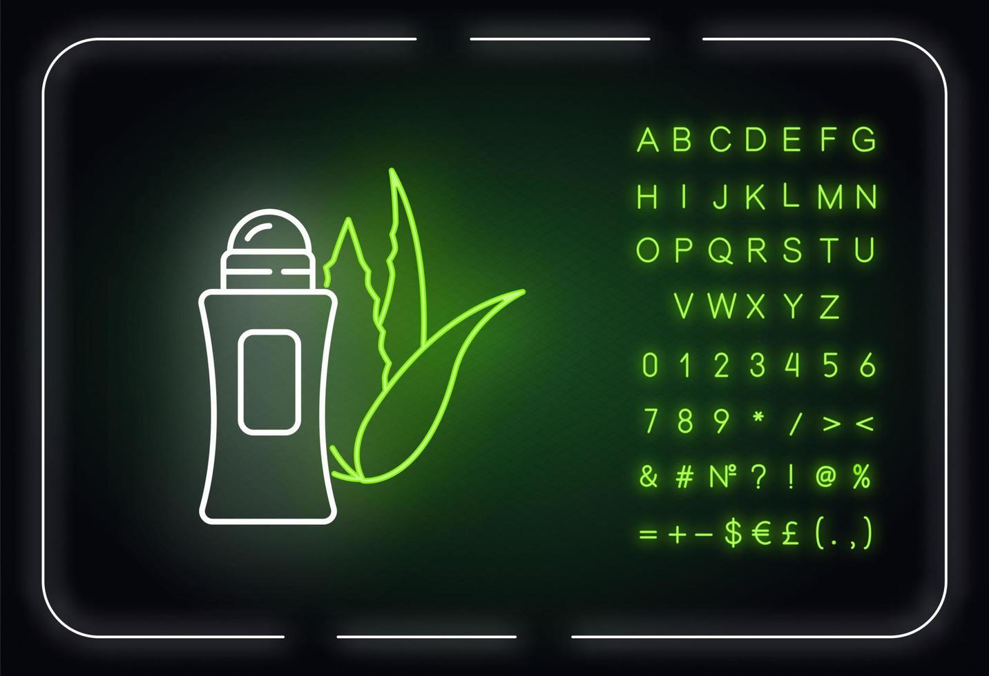 Organic deodorant neon light icon. Plant based antiperspirant. Skincare with medicinal herbs. Outer glowing effect. Sign with alphabet, numbers and symbols. Vector isolated RGB color illustration