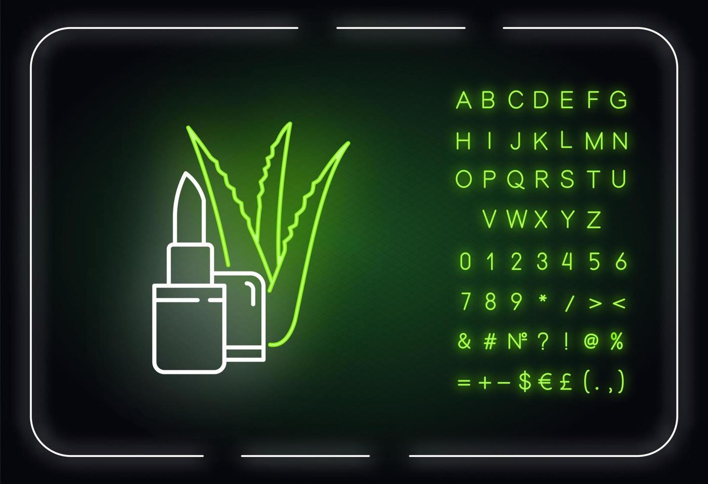 Icono de luz de neón de bálsamo labial orgánico. cosmético orgánico con extracto de aloe vera. cosmético a base de plantas. efecto brillante exterior. firmar con alfabeto, números y símbolos. vector aislado ilustración de color rgb