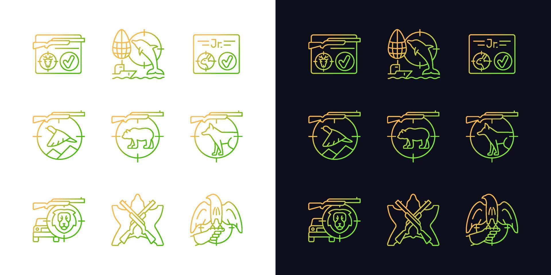 Wild animals hunting gradient icons set for dark and light mode. Big and small game hunting. Thin line contour symbols bundle. Isolated vector outline illustrations collection on black and white