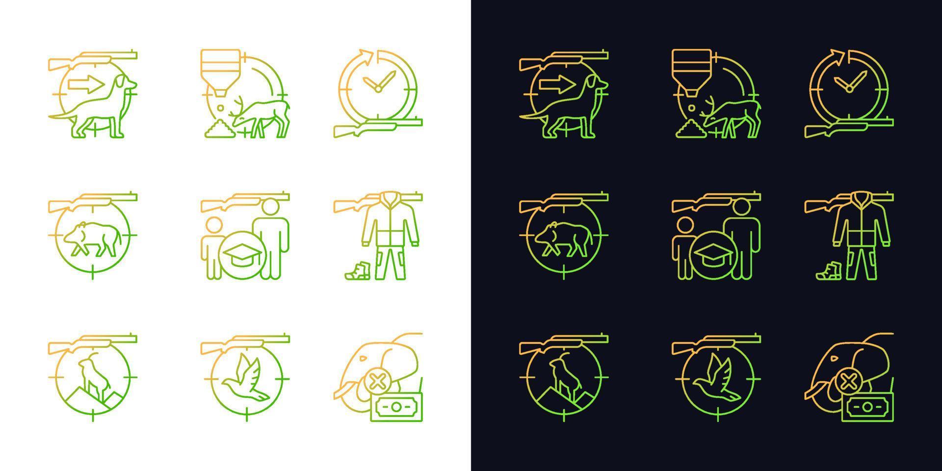 Animal hunter gradient icons set for dark and light mode. Dog handler. Goat, boar hunting. Thin line contour symbols bundle. Isolated vector outline illustrations collection on black and white