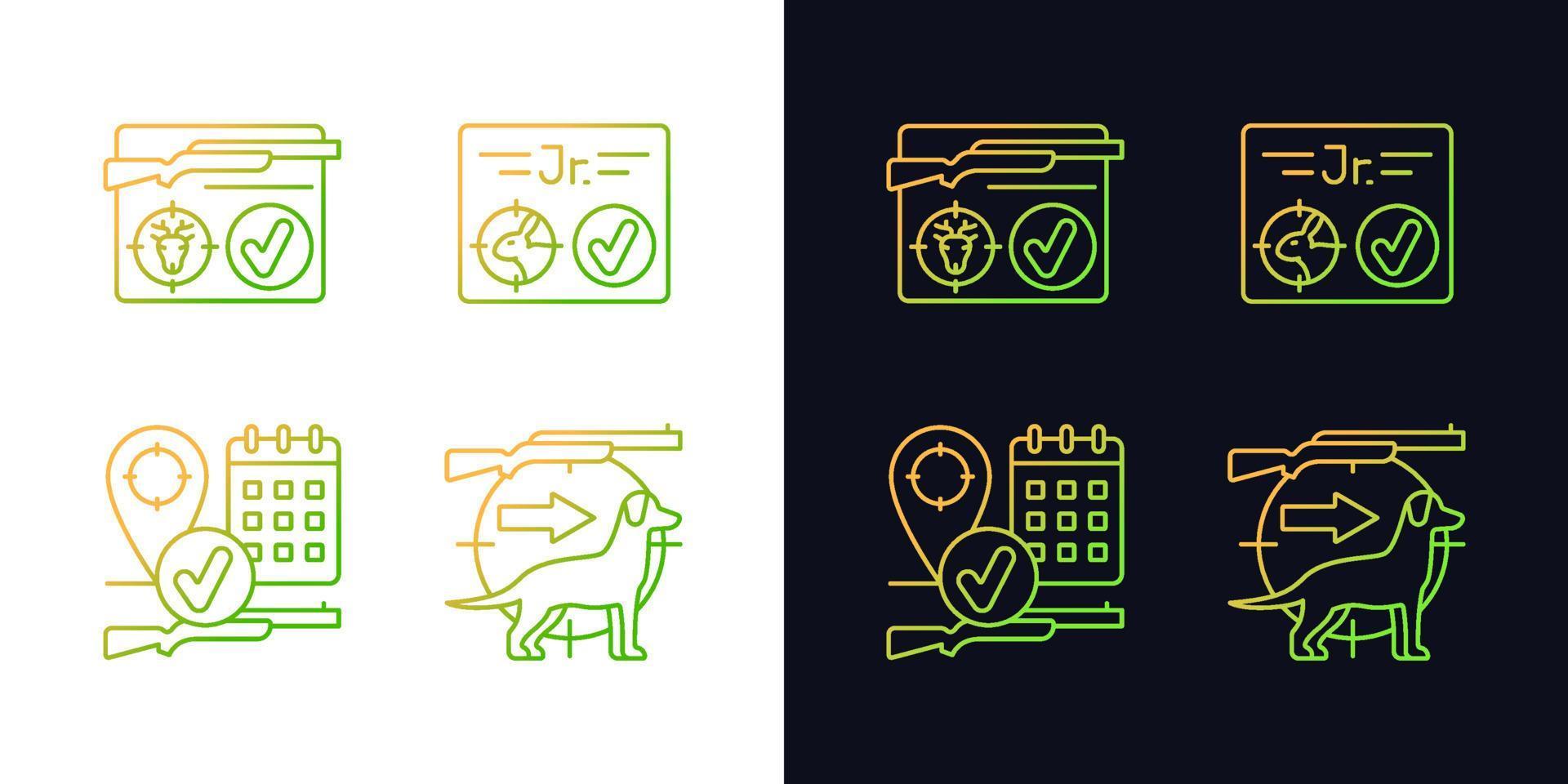 Hunting regulations gradient icons set for dark and light mode. Resident hunting license. Thin line contour symbols bundle. Isolated vector outline illustrations collection on black and white