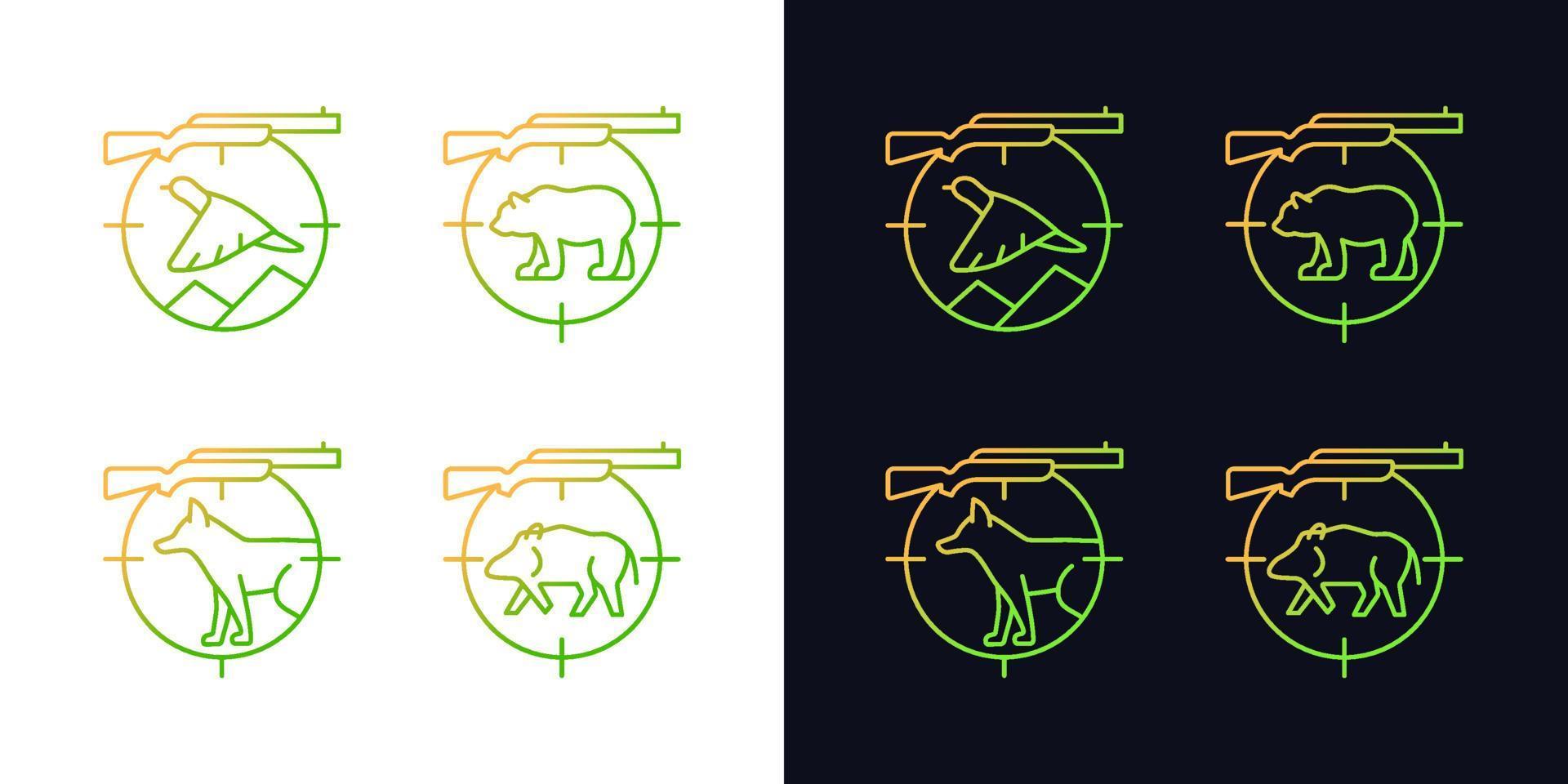 Big and small game hunting gradient icons set for dark and light mode. Hunting rifle to kill deer. Thin line contour symbols bundle. Isolated vector outline illustrations collection on black and white