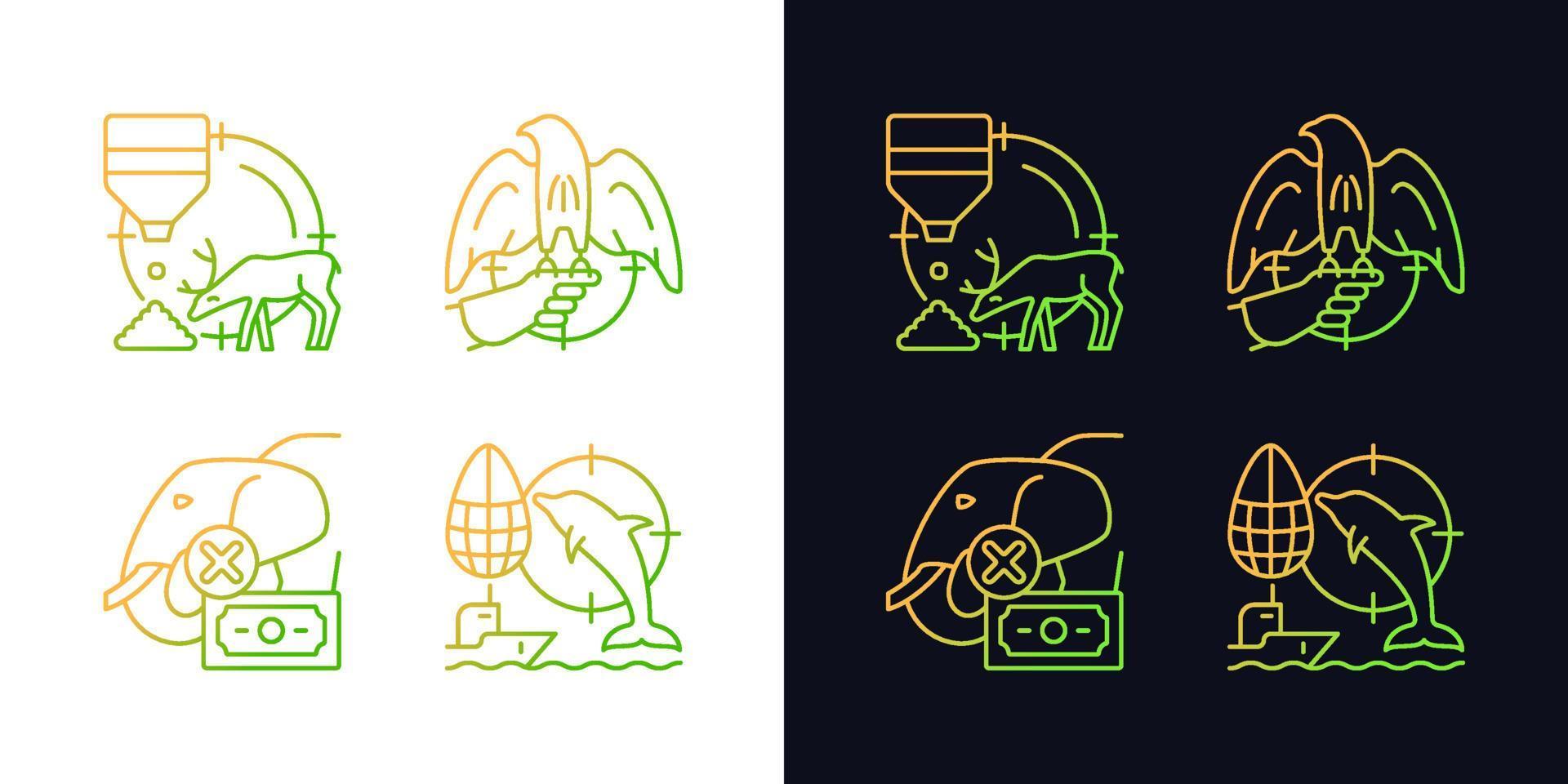 Illegal hunting gradient icons set for dark and light mode. Dolphin and elephant cruel hunt. Thin line contour symbols bundle. Isolated vector outline illustrations collection on black and white