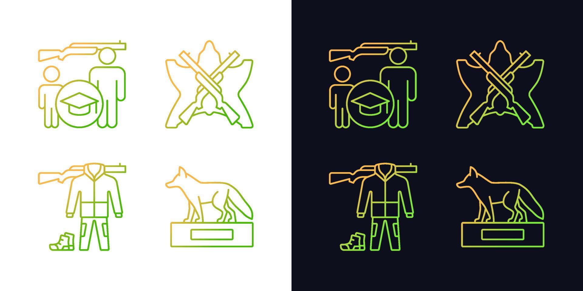 Hunting trophy and equipment gradient icons set for dark and light mode. Hunt trophy. Thin line contour symbols bundle. Isolated vector outline illustrations collection on black and white