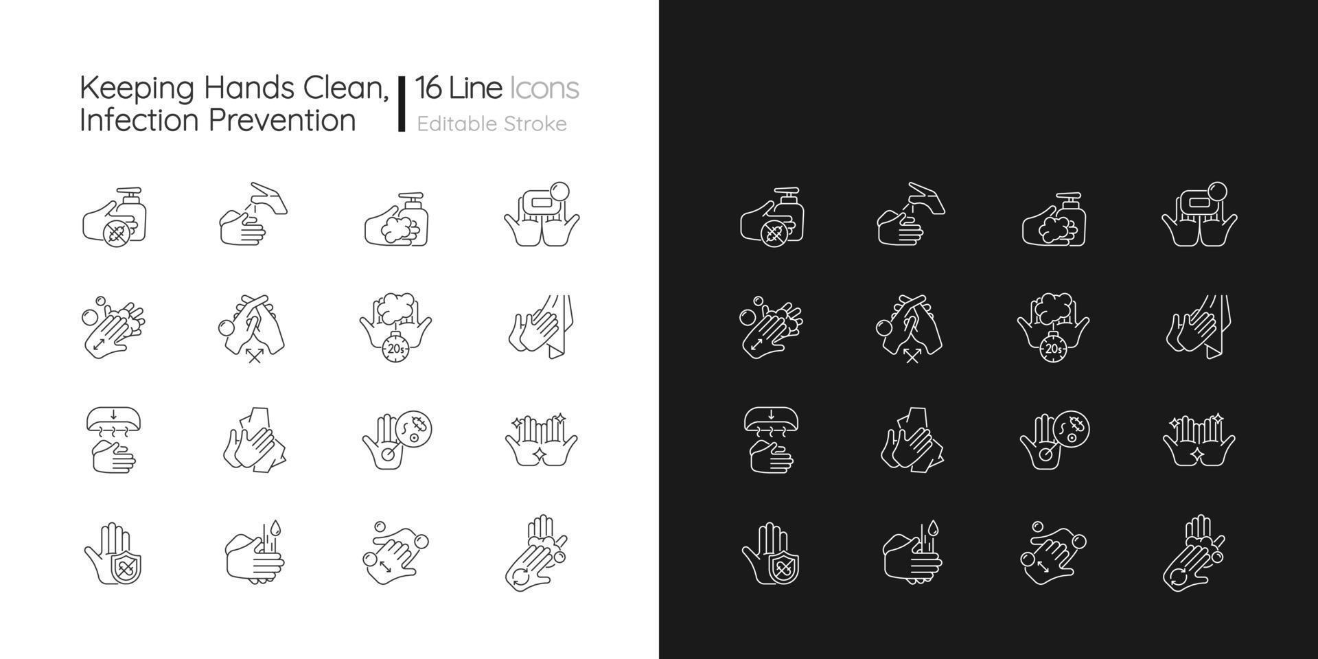 Keeping hands clean linear icons set for dark and light mode. Washing with soap and water. Remove pathogens. Customizable thin line symbols. Isolated vector outline illustrations. Editable stroke