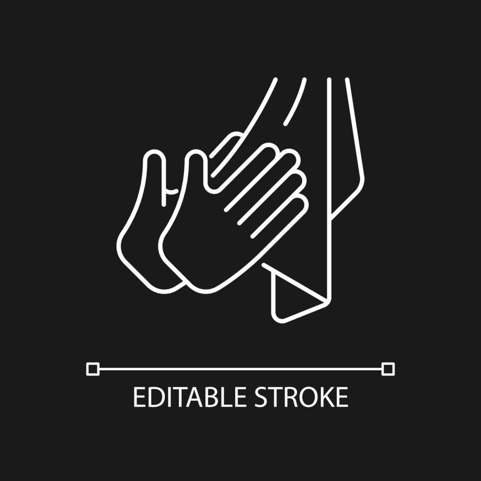 Dry hands with towel white linear icon for dark theme. Using paper and textile towels. Thin line customizable illustration. Isolated vector contour symbol for night mode. Editable stroke