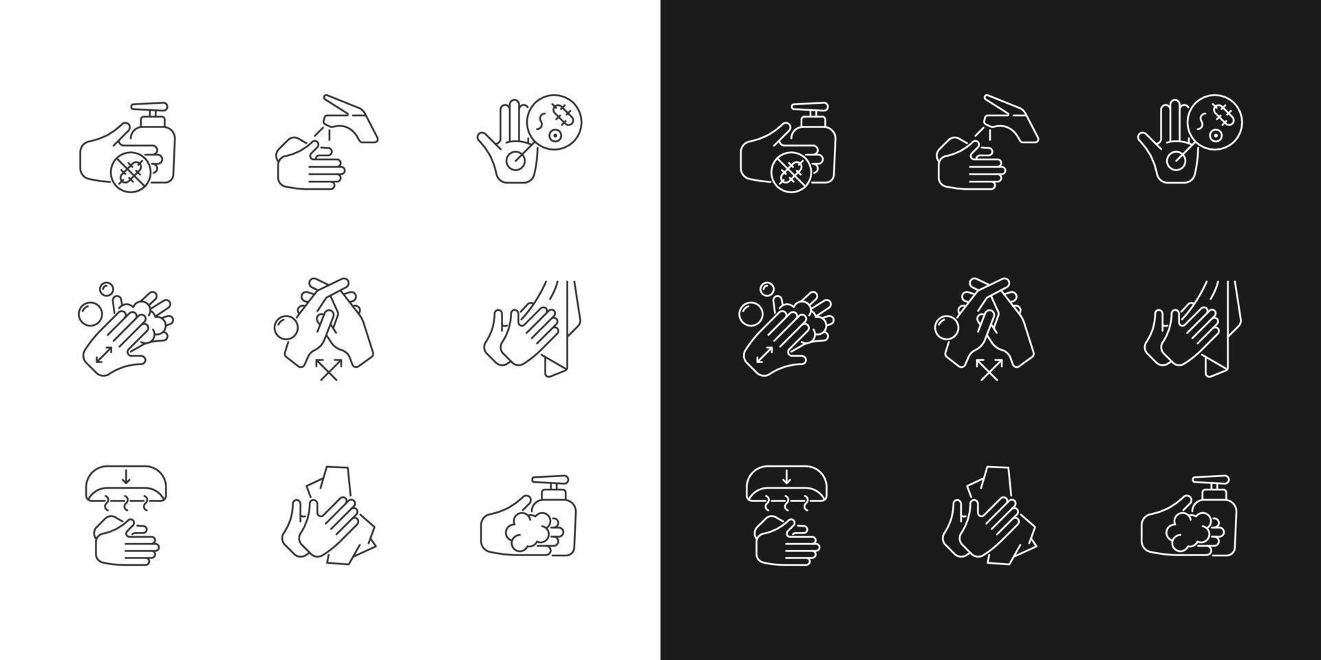 Iconos lineales de pasos de lavado de manos para modo oscuro y claro. eliminar los gérmenes de las manos. aplicar jabón, desinfectante. símbolos de línea fina personalizables. ilustraciones de contorno de vector aislado. trazo editable