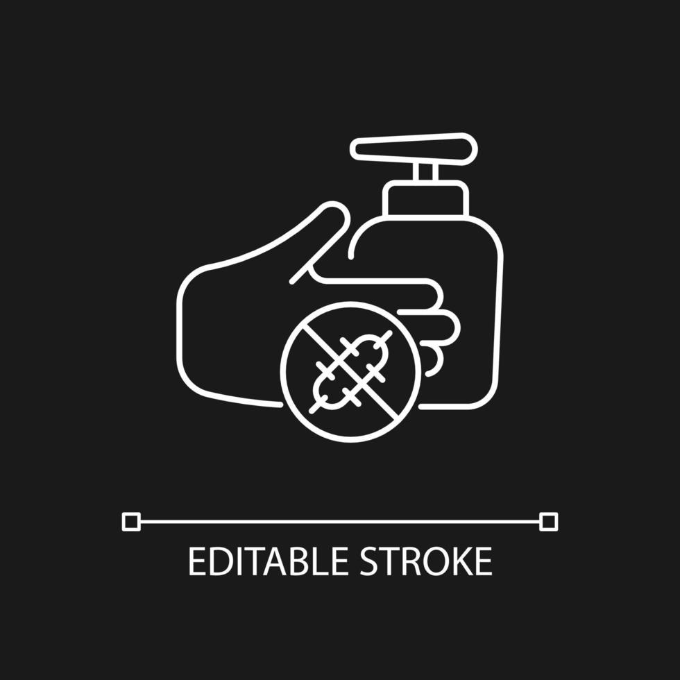 Antiseptic hand washing white linear icon for dark theme. Hand disinfectant. Alcohol-based product. Thin line customizable illustration. Isolated vector contour symbol for night mode. Editable stroke