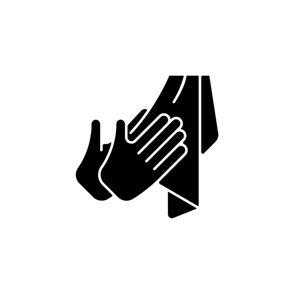 Dry hands with towel black glyph icon. Effective bacteria removing. Using paper and textile towels. Reducing covid transmission. Silhouette symbol on white space. Vector isolated illustration