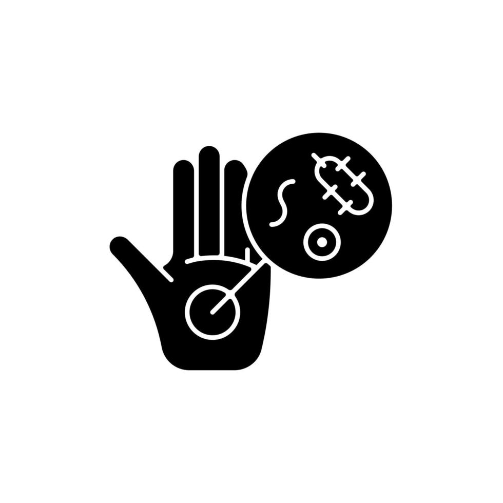 Dirty hands black glyph icon. Germs on unwashed hands. Spreading infectious diseases through handshake. Contaminated palms. Silhouette symbol on white space. Vector isolated illustration