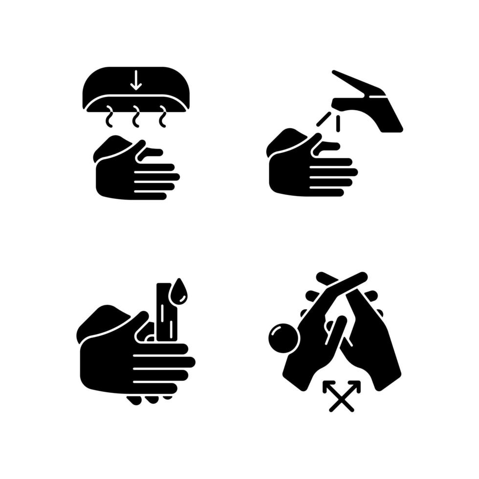 Proper handwashing black glyph icons set on white space. Hand-drying method. Wetting hands with water. Rub palms together. Interlink fingers. Silhouette symbols. Vector isolated illustration