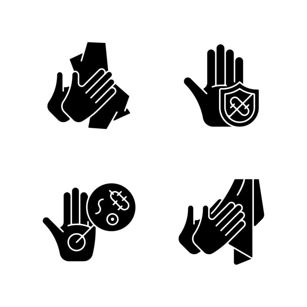 Infection prevention black glyph icons set on white space. Wiping off dirt and germs. Dry hands with towel. Microbes protection. Unwashed hands. Silhouette symbols. Vector isolated illustration