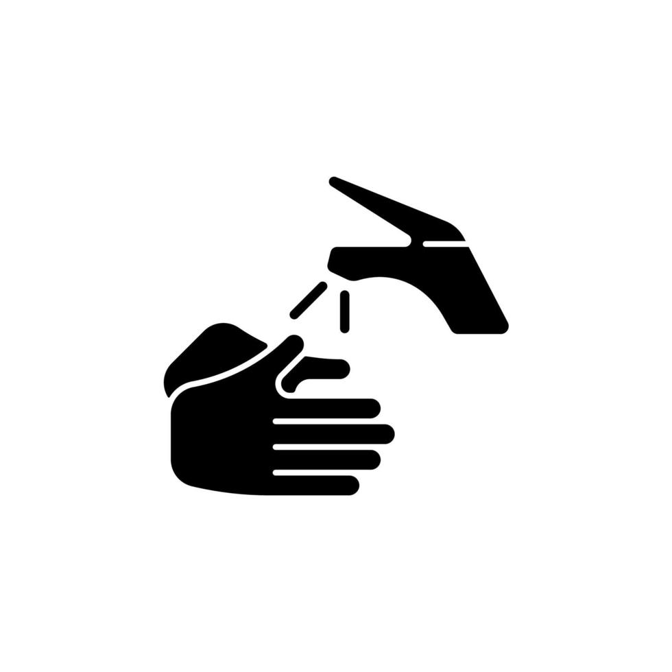 Wetting hands with water black glyph icon. Good hygiene practice. Using clean, warm water. Rinse hands under bathroom tap. Silhouette symbol on white space. Vector isolated illustration