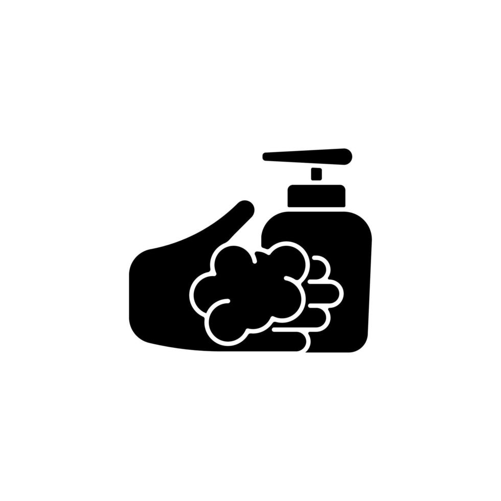 Washing with liquid soap black glyph icon. Minimizing germs transfer risk. Keeping hands smooth and moisturized. Antimicrobial cleanser. Silhouette symbol on white space. Vector isolated illustration