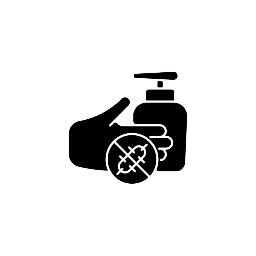 Antiseptic hand washing black glyph icon. Hand disinfectant. Antiseptic handrub. Preventing bacteria spread. Alcohol-based product. Silhouette symbol on white space. Vector isolated illustration