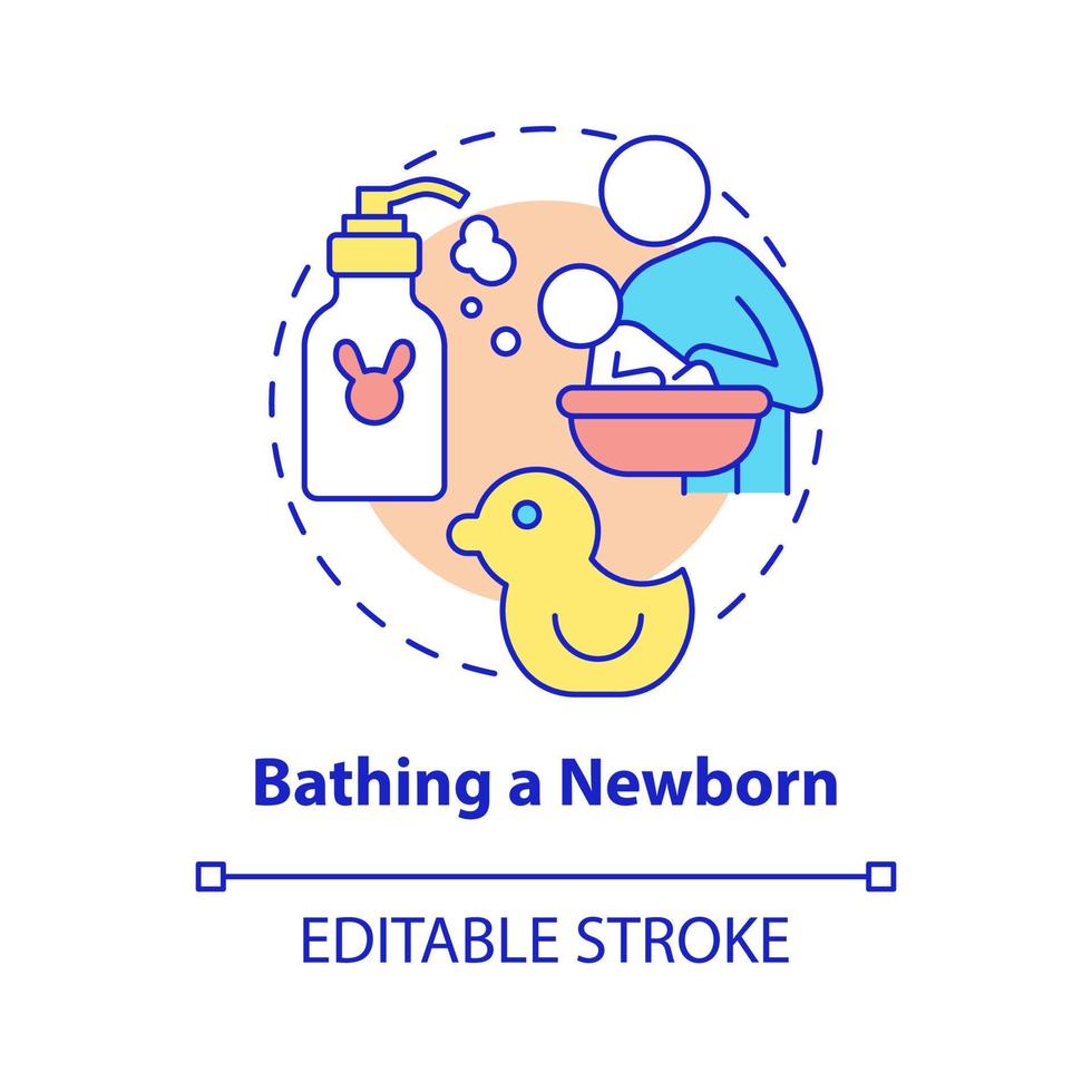 Bathing newborn concept icon. Baby hygiene abstract idea thin line illustration. Take bath with baby twice a week. Kid bathtub. Vector isolated outline color drawing. Editable stroke