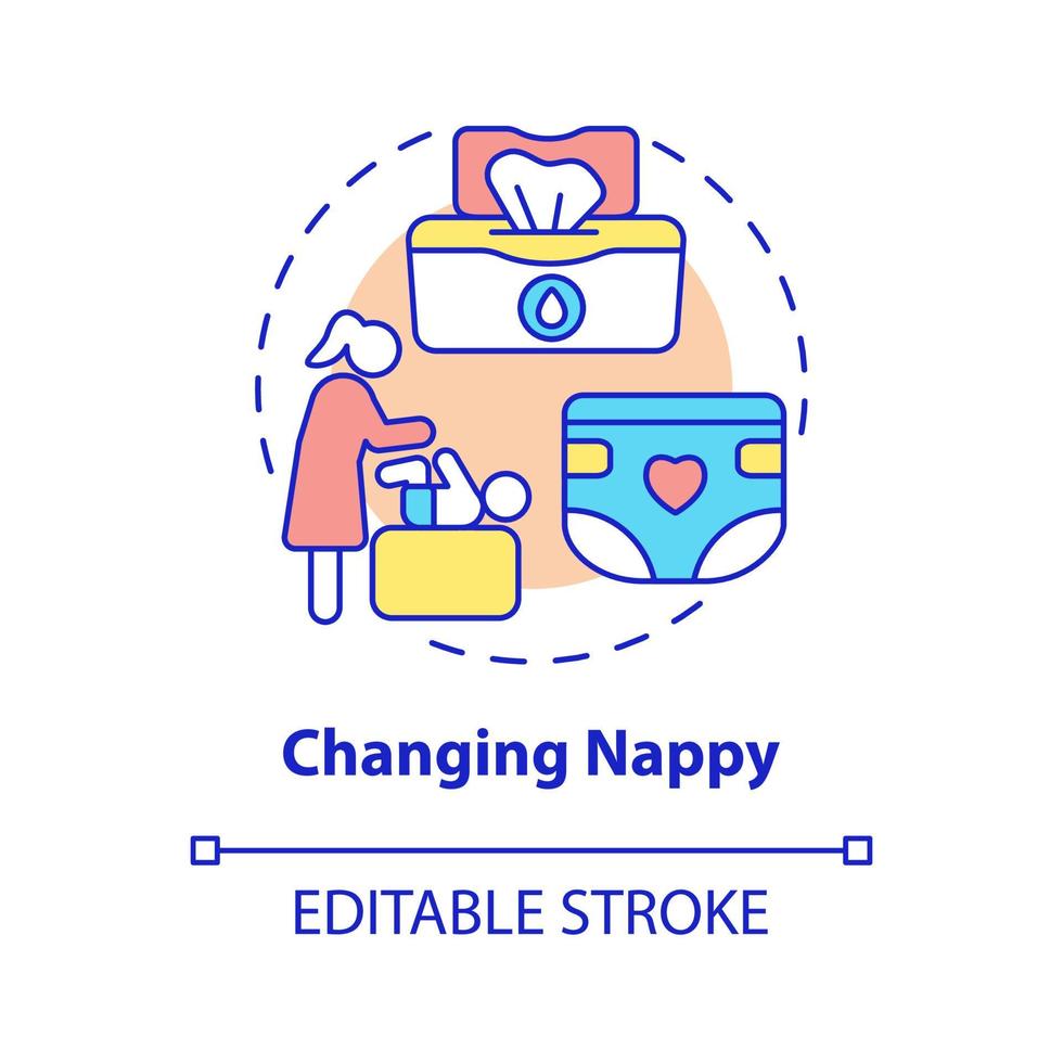 Changing nappy concept icon. Child nursing abstract idea thin line illustration. Baby hygiene. Remove skin rash with powder and cream. Vector isolated outline color drawing. Editable stroke