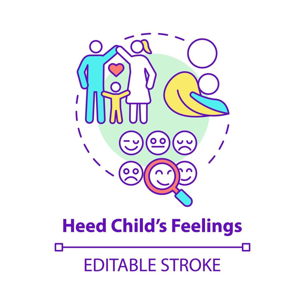 Heed child feelings concept icon. Pay attention to kid emotions abstract idea thin line illustration. Child mental health and socialization. Vector isolated outline color drawing. Editable stroke