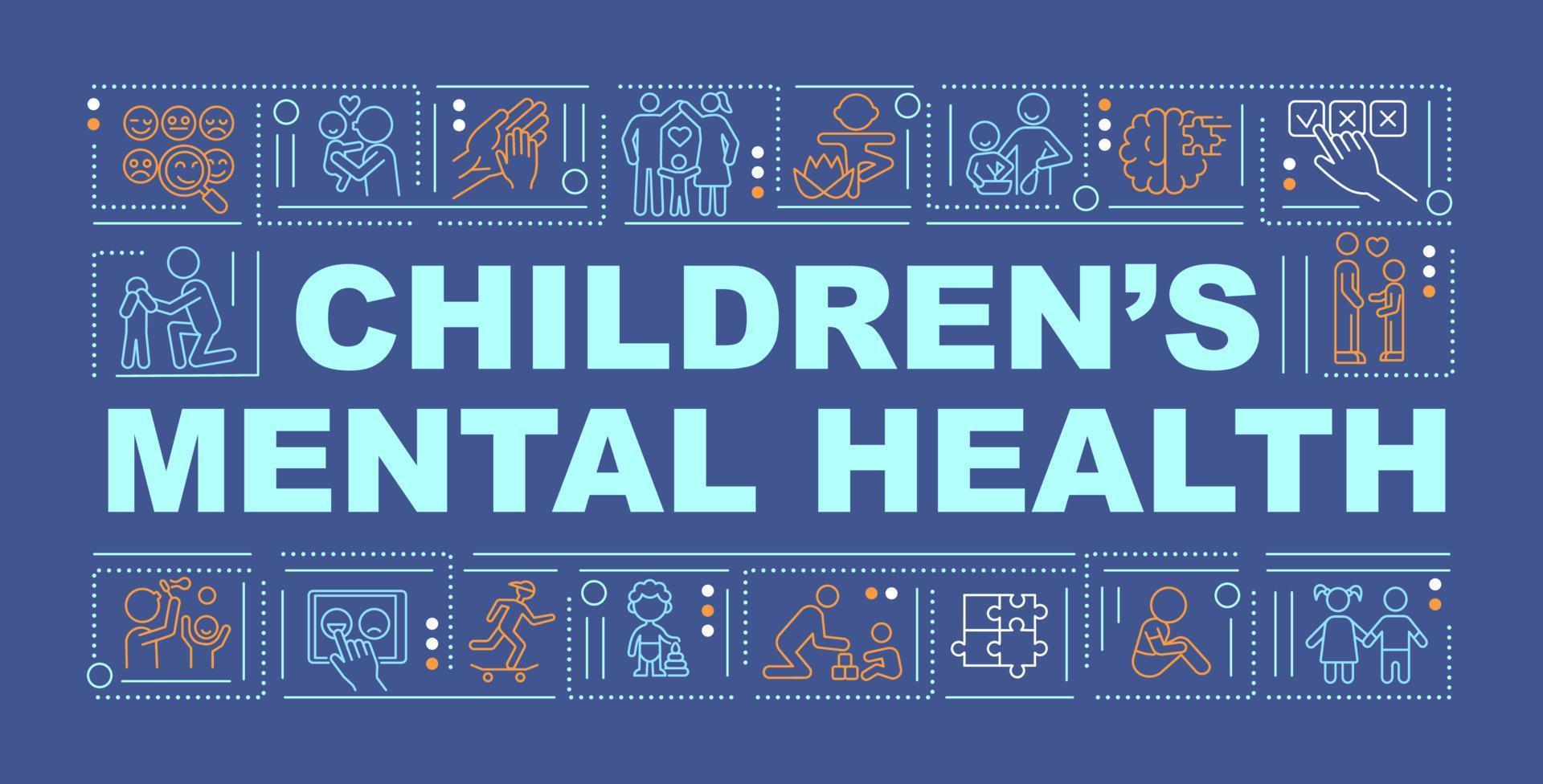 banner de conceptos de palabra de salud mental para niños. desarrollo emocional. infografías con iconos lineales sobre fondo azul. tipografía creativa aislada. ilustración de color de contorno vectorial con texto vector