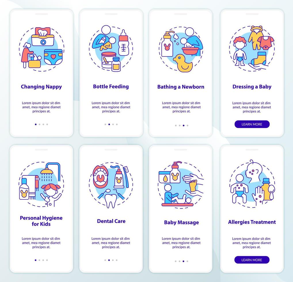 Raising child onboarding mobile app page screen set. Health care and hygiene walkthrough 4 steps graphic instructions with concepts. UI, UX, GUI vector template with linear color illustrations