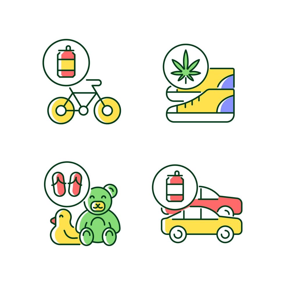 Recycling business RGB color icons set. Eco friendly bike. Sustainable shoes. Toys from flip flops. Vehicles from aluminum cans. Isolated vector illustrations. Simple filled line drawings collection