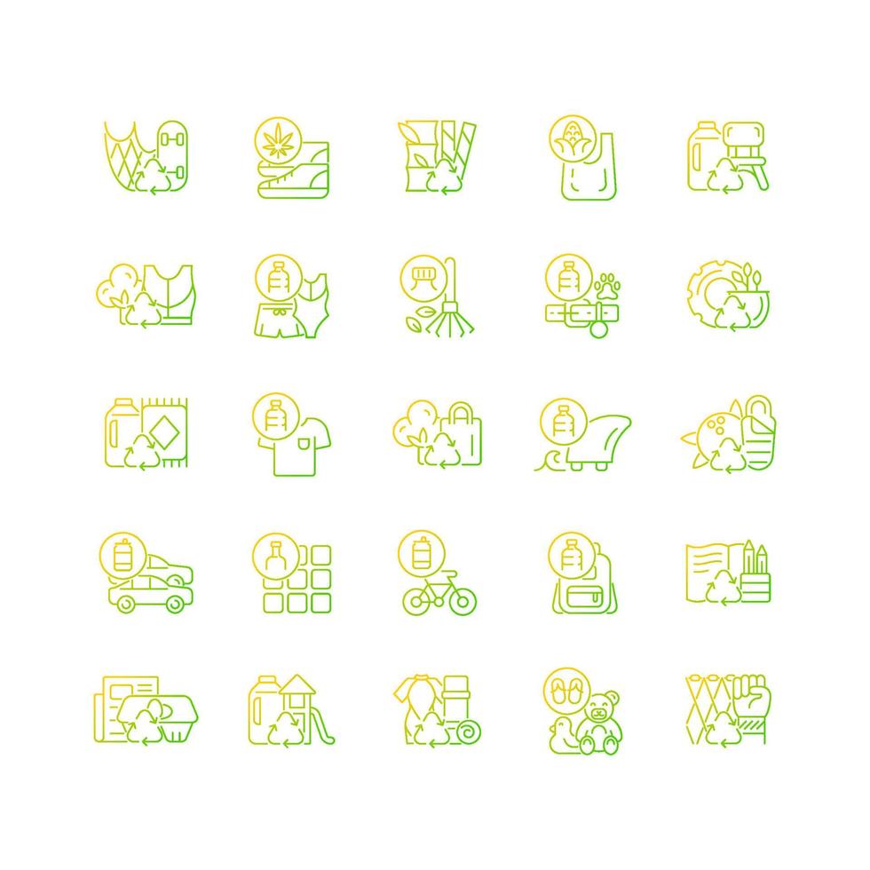 Recycled materials gradient linear vector icons set. Sustainable option. Eco friendly product. Pollution control. Thin line contour symbols bundle. Isolated outline illustrations collection