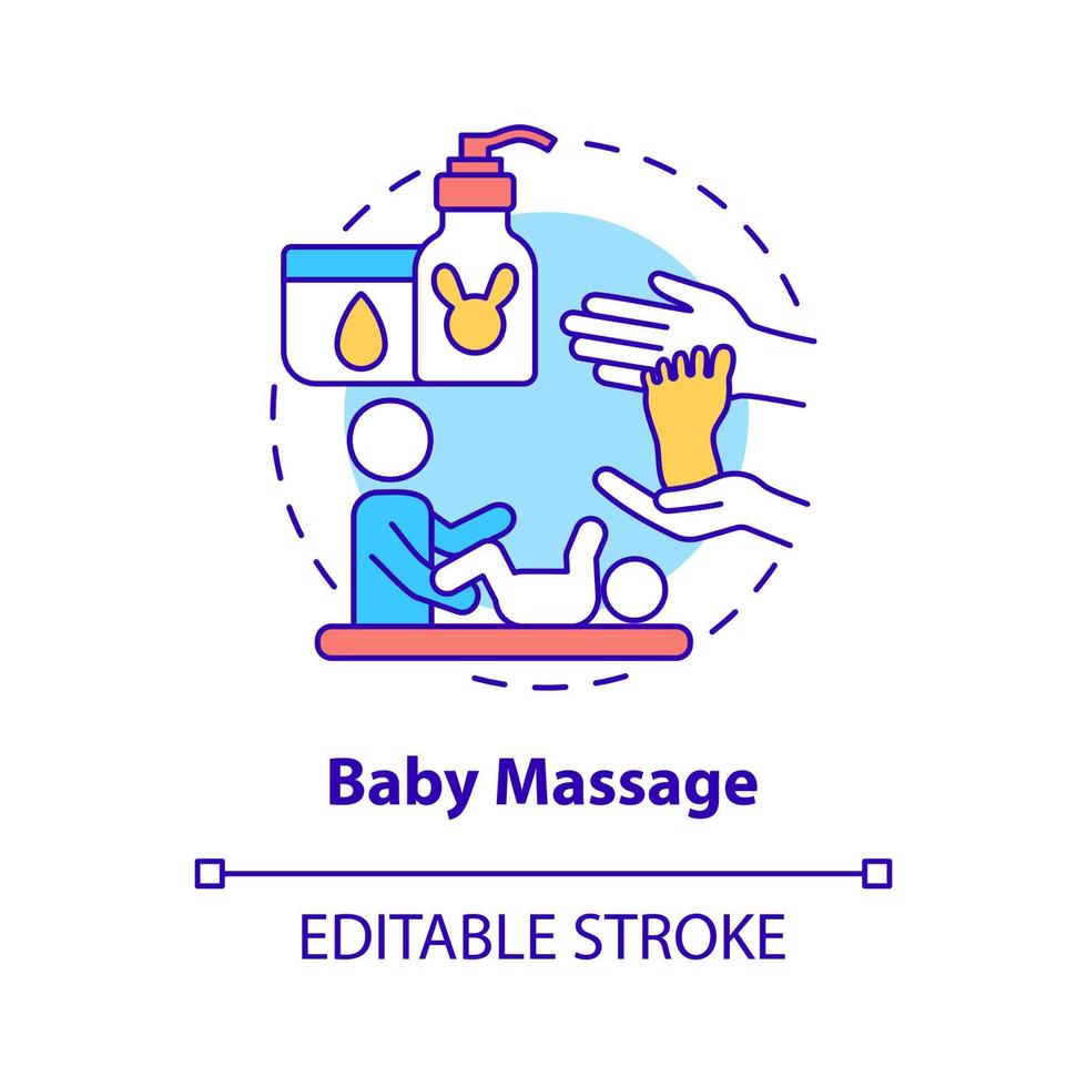 Baby massage concept icon. Rubbing infant body abstract idea thin line illustration. Bond between mother and child. Massaging to calm baby. Vector isolated outline color drawing. Editable stroke