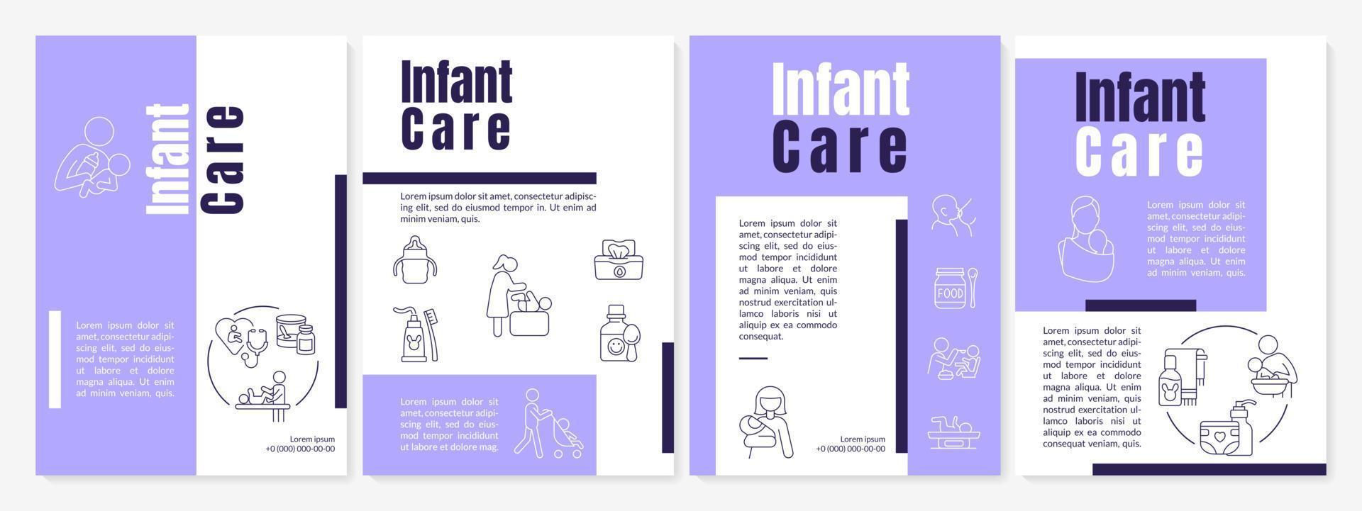 Infant care purple brochure template. Baby health care. Flyer, booklet, leaflet print, cover design with linear icons. Vector layouts for presentation, annual reports, advertisement pages