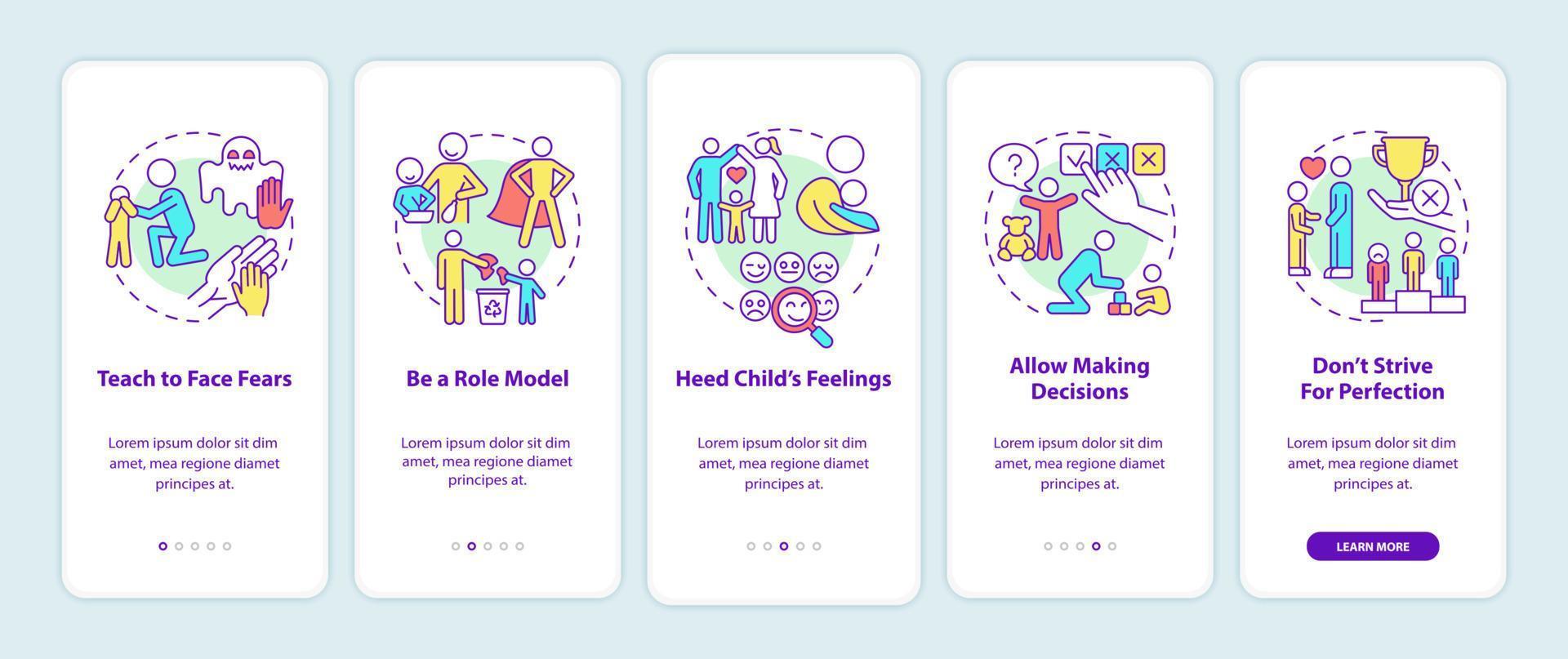 Bringing up tips onboarding mobile app page screen. Child mental health walkthrough 5 steps graphic instructions with concepts. UI, UX, GUI vector template with linear color illustrations