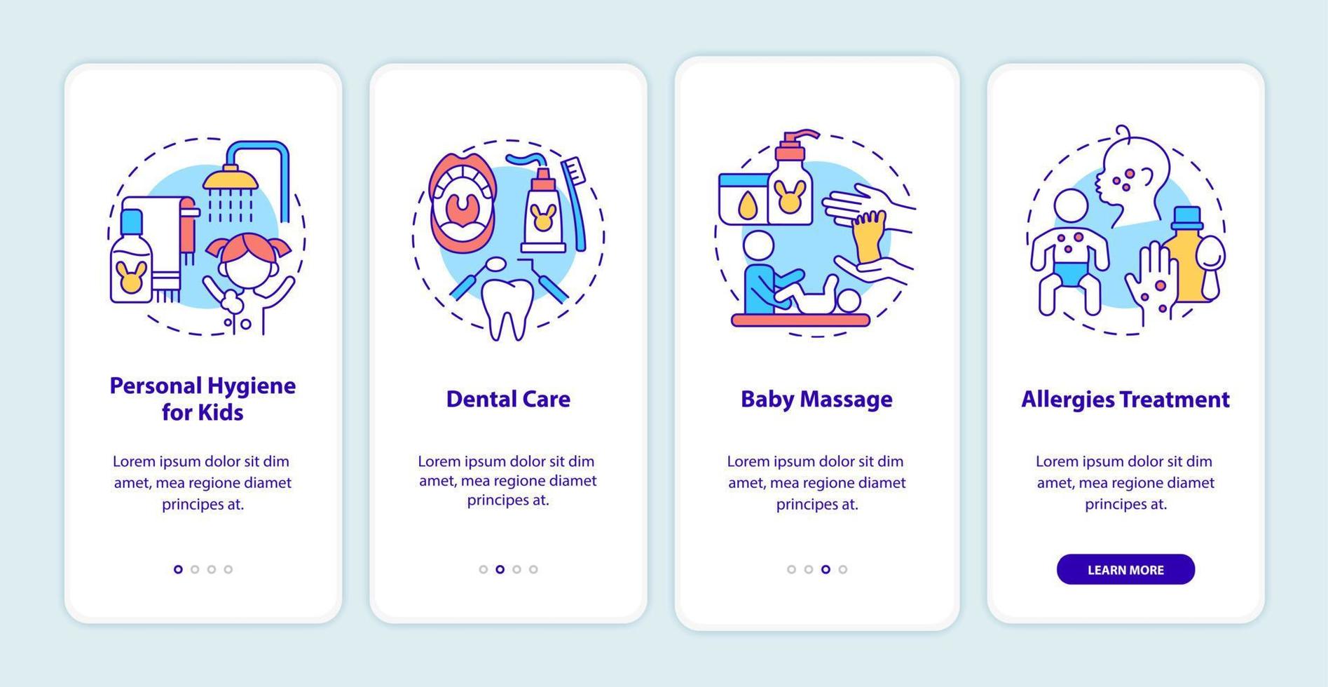 Baby care onboarding mobile app page screen. Child physical health walkthrough 4 steps graphic instructions with concepts. UI, UX, GUI vector template with linear color illustrations