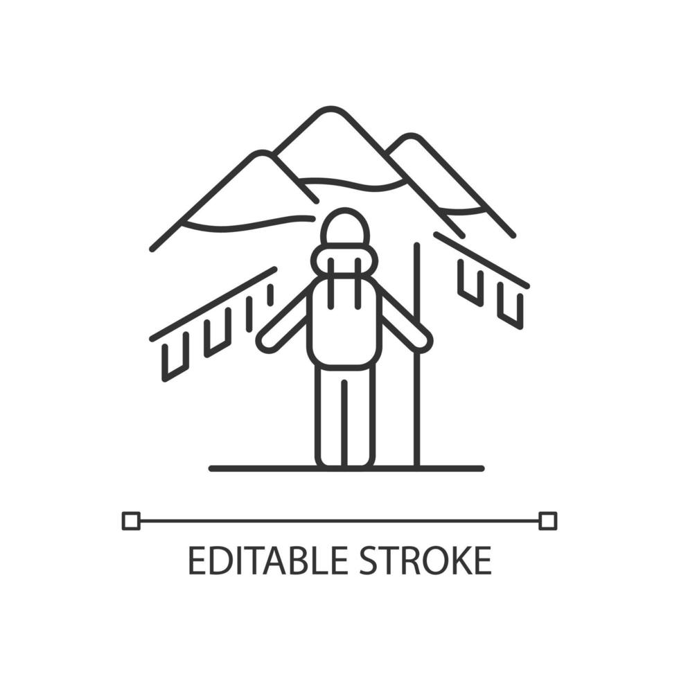 Trekking in Nepal linear icon. Mountaineering destination. Hiking through Himalayas. Thin line customizable illustration. Contour symbol. Vector isolated outline drawing. Editable stroke