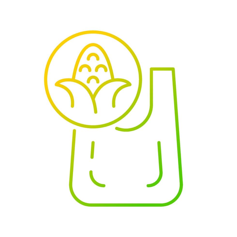 Bolsa compostable hecha de icono de vector lineal degradado de maíz. bolsa de compras biodegradable. paquete ecológico. símbolo de color de línea fina. pictograma de estilo moderno. dibujo de contorno aislado vectorial