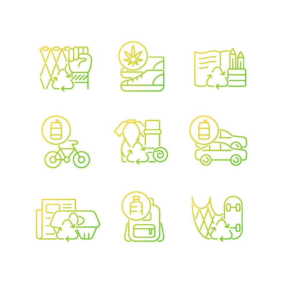 Reducing waste gradient linear vector icons set. Upcycling products. Eco friendly shoes. Biodegradable stationery. Thin line contour symbols bundle. Isolated outline illustrations collection