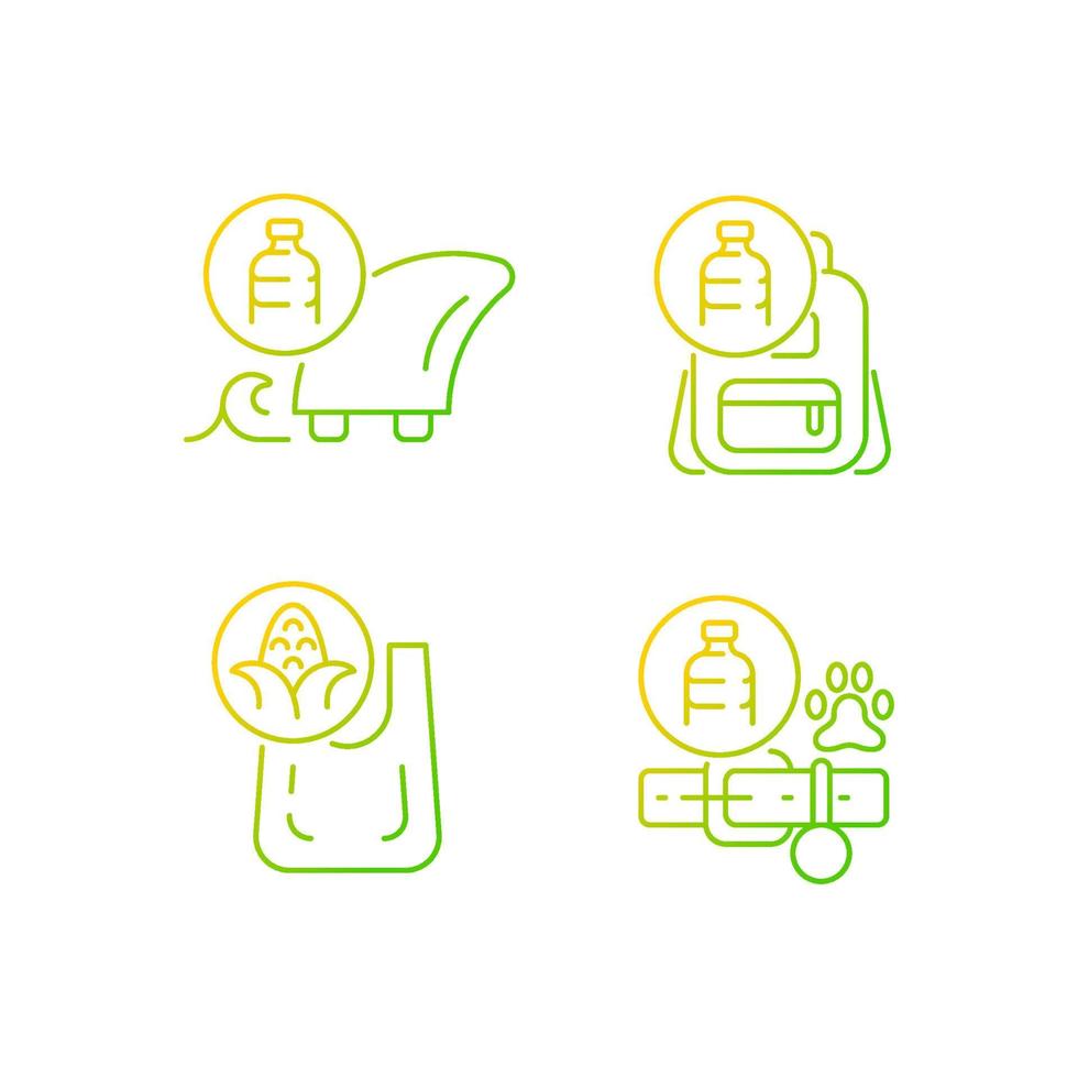 Products from recycled plastics gradient linear vector icons set. Eco-friendly surfer. Sustainable backpack, dog collar. Thin line contour symbols bundle. Isolated outline illustrations collection
