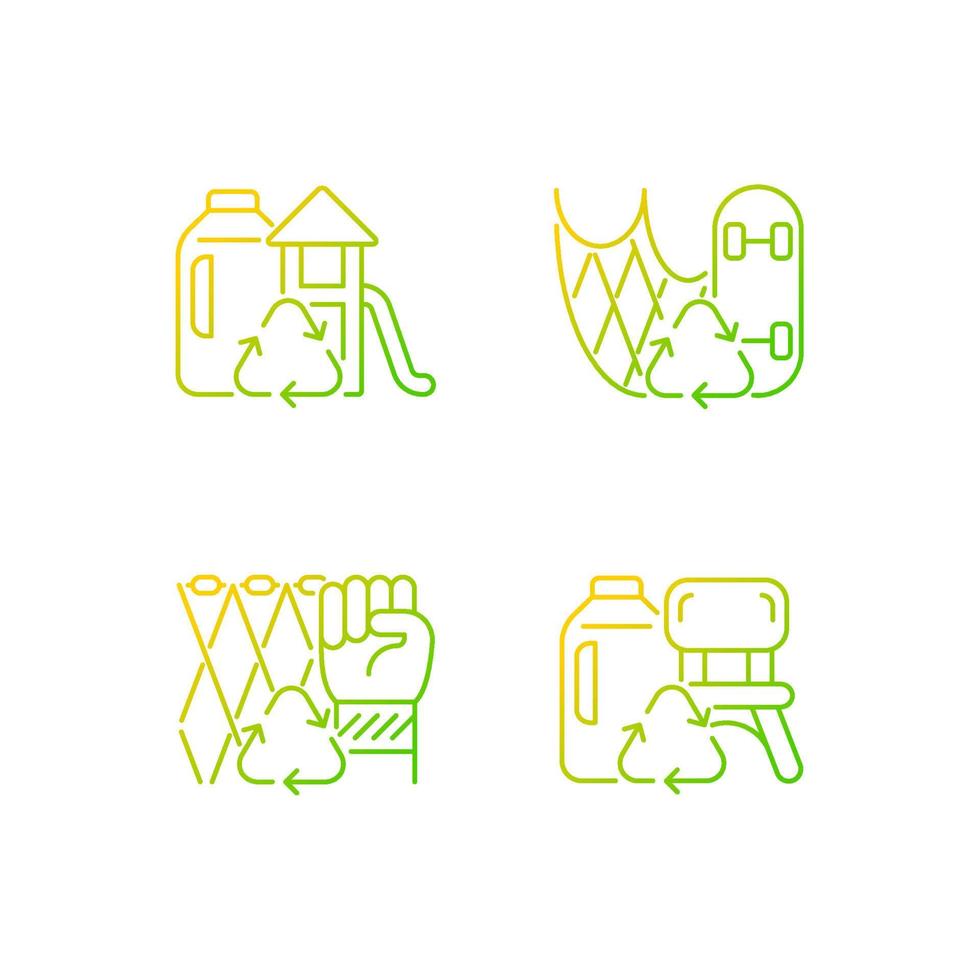 Recycling for sustainability gradient linear vector icons set. Fishing gear reuse. Eco friendly playground. Plastic lumber. Thin line contour symbols bundle. Isolated outline illustrations collection