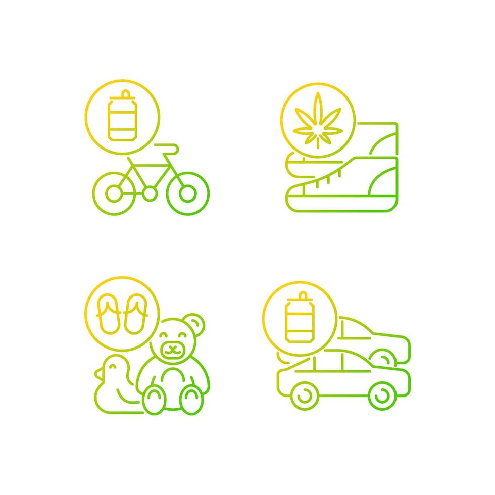 Recycling business gradient linear vector icons set. Eco friendly bike. Sustainable shoes. Toys from flip flops. Thin line contour symbols bundle. Isolated outline illustrations collection